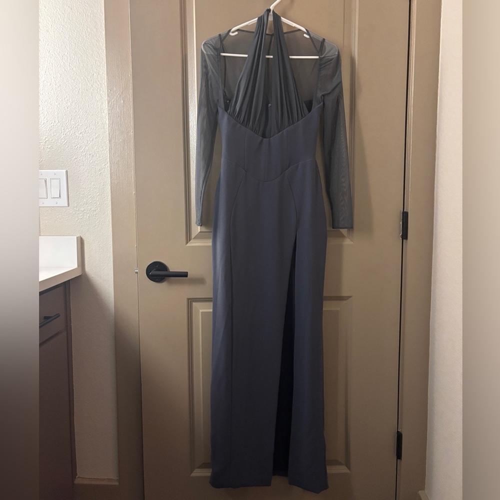 House of CB grey/navy long sleeve maxi slip dress Size S NWOT - Picture 2 of 3